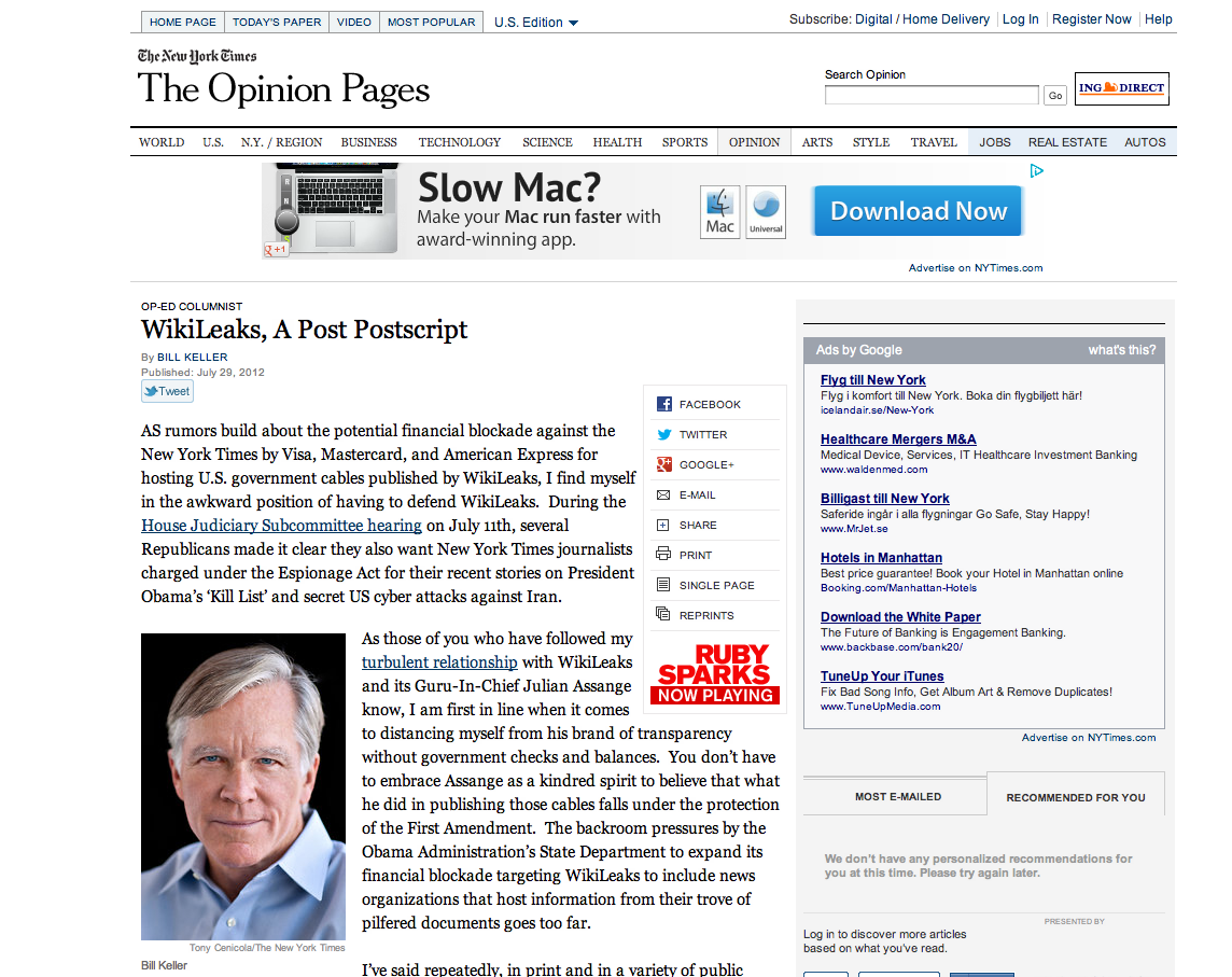 bill keller, New York Times, Jayson Blair, Walter Duranty, Yes Men, Julian Assange, Wikileaks